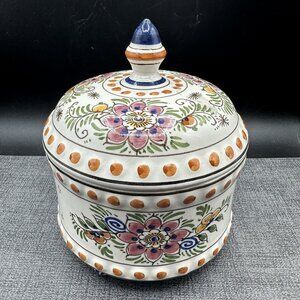 Vintage Delft Holland Polychrome Lidded Jar Hand Painted Floral Pottery Signed